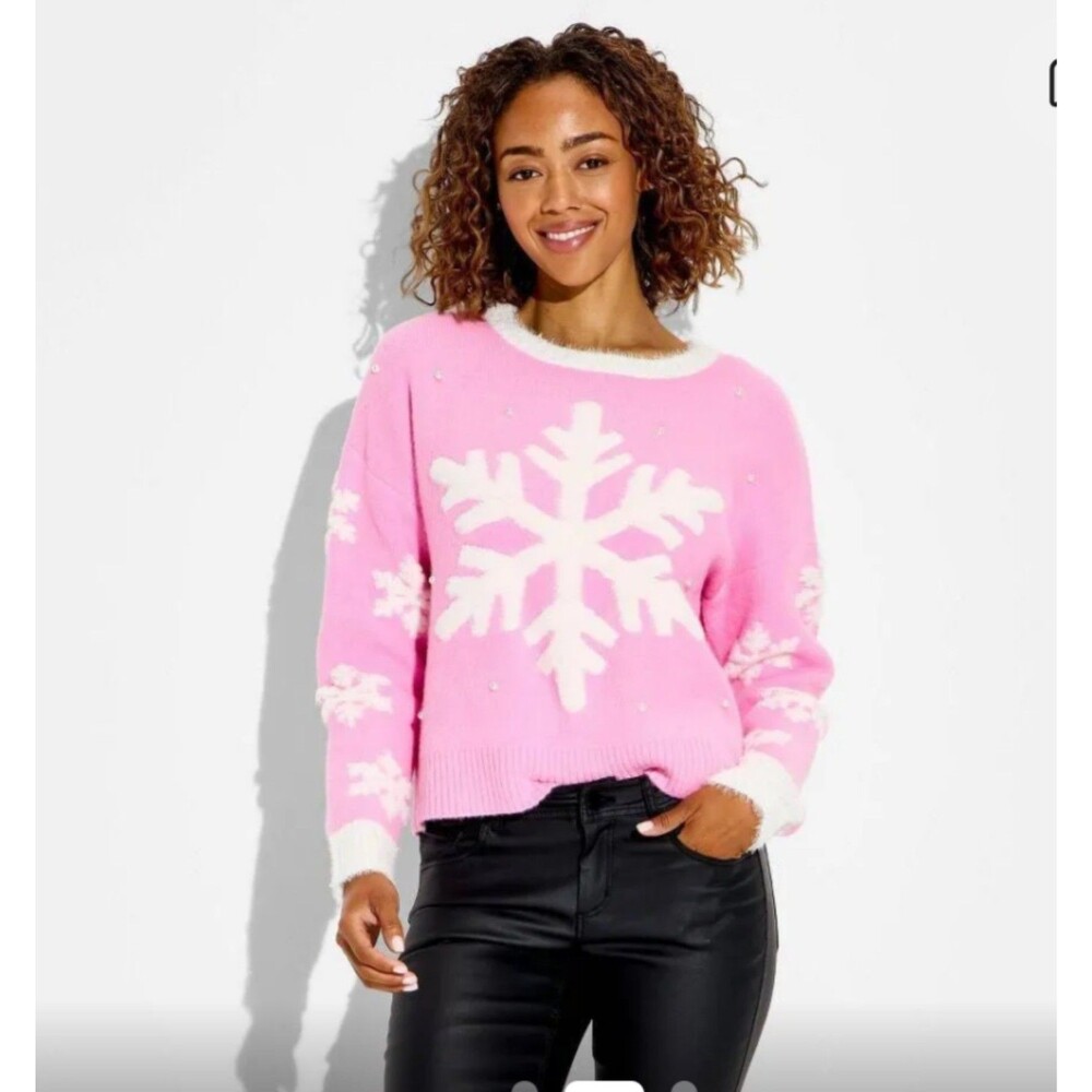 Women's 33 Degrees Snowflake Festive Graphic Crewneck Sweater Pink XL